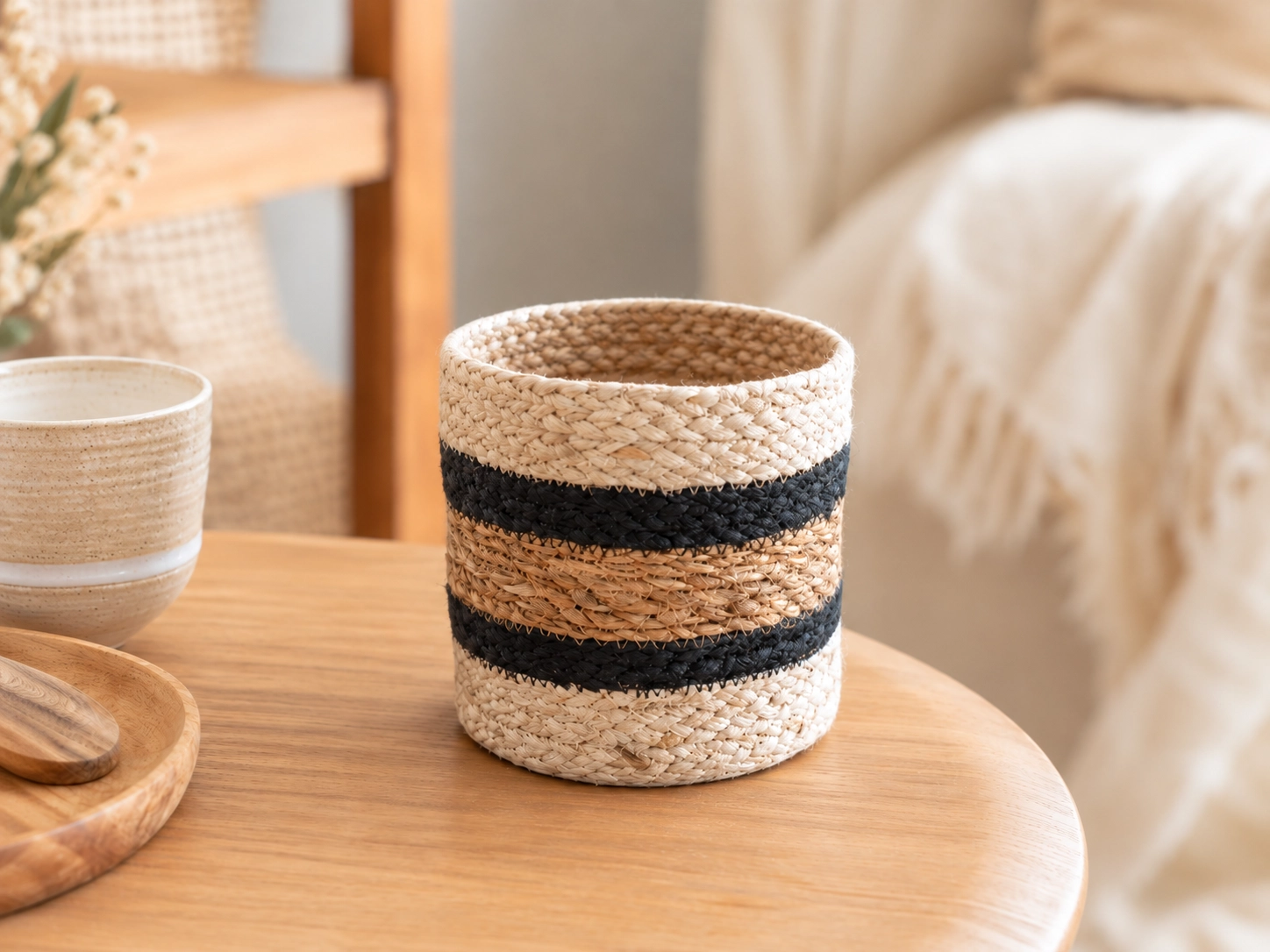 Jute mandje 15 cm met zwarte strepen op een houten tafel